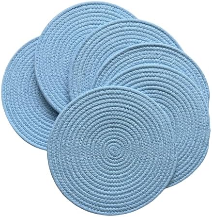 WAZAIGUR Round Placemats Set of 6 Thick Cotton Rope, 13inch, Light Blue by WAZAIGUR