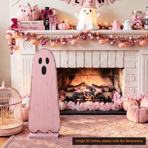 Novabright 30.2 H Halloween Pink Ghost Porch Sign Standing Wooden Decor - Image 4