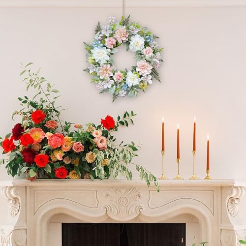 22 Inch Artificial Dahlia Wreaths for Front Door, Spring Summer Wreath with Eucalyptus, Fern & Lamb's Ear Leaves, Farmhouse Floral Wreath for Home Porch Window Wall, All Season Decor - Image 4