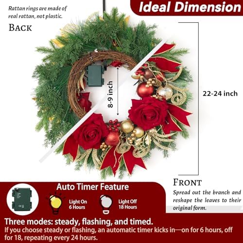 Christmas Wreaths for Front Door–24Inch Outdoor Christmas Door Wreath with Lights,Classic Xmas Wreath with Pinecone,White Berries and Silver Ornaments Design, Holiday Outdoor Wreaths Decor - Image 4