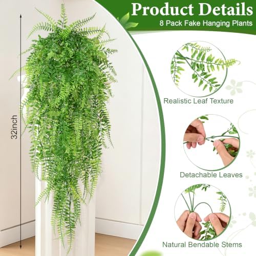 4Pcs Fake Hanging Plants, 32" Artificial Plants Greenery Boston Ferns Vines - Image 4