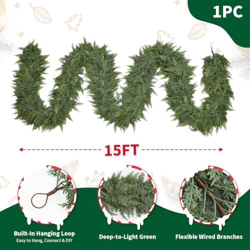 15FT Christmas Cedar Garland, Extra Full Greenery Garland with 2000 Cedar Cypress Pine, Real Touch Two-Tone Evergreen Garland for Mantle Fireplace Table Stairs Door Porch, Indoor Outdoor Decorations - Image 2