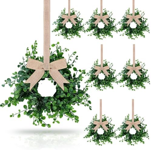 8 Pcs Mini Boxwood Wreath Green Table Centerpieces Spring Pillars Candle Rings Wreaths 9 Inch Wreath for Cabinets Farmhouse Wreaths with Ribbon for Front Door Porch Wall Window Decorations by Unknown