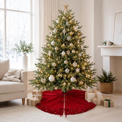 Red Velvet Christmas Tree Skirt with Ruffled Edge and Faux Pearl, 60 Inches Rustic Vintage Xmas Tree Skirt for Party Decorations - Image 3