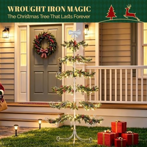 VINGLI 6FT Metal Christmas Ornament Tree, Wrought Iron Display Stand White - Image 6