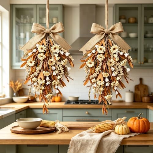 2 PCS 24'' Fall Teardrop Wreath Boho Pampas Grass Wags for Front Door - Image 7