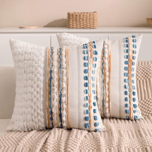 Boho Chenille Tufted Couch Throw Pillow Covers 18x18 Inch Set of 2 Farmhouse Striped Decorative Pillow Covers Accent Neutral Pillowcase Caramel Brown Blue Cushion Cover for Livingroom Sofa Bed by KOOLIFE