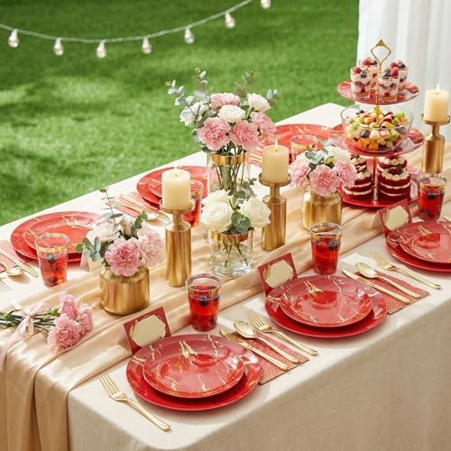 N9R 225PCS Red Gold Plastic Plates, Disposable Dinnerware Set hibachi Party - Image 4