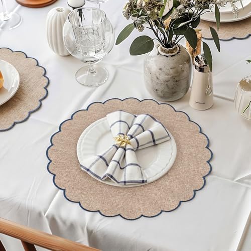 Set of 24 Linen Boho Cotton Placemats 15" Round Scalloped Blue - Image 4