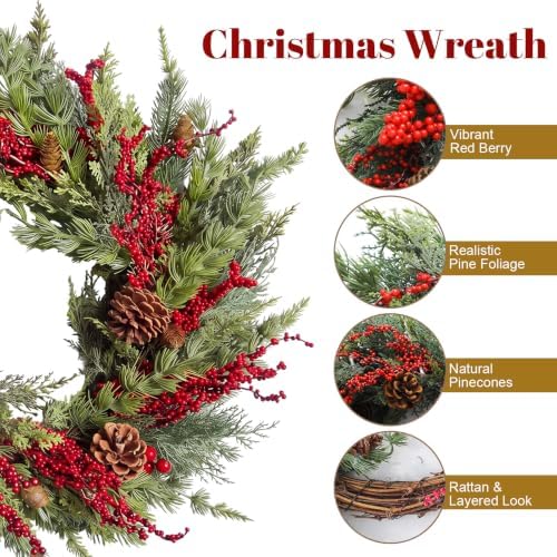 Yinder 20 Inch Christmas Wreath with LED Lights Red Berry Pinecones - Image 3