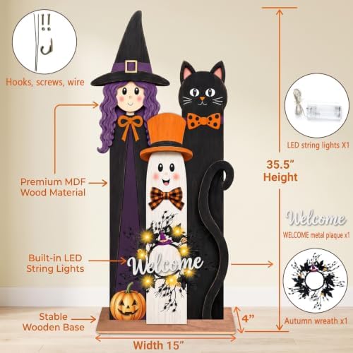 Halloween Welcome Sign with LED Lights, 36" Wooden Standing Sign, Witch Black Cat Ghost Design, Front Porch Decor for Outdoor Indoor Yard Garden Party - Image 2