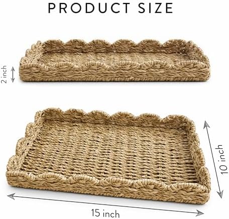 Rectangular Wicker Tray for Decor 15x10 in, Handwoven Seagrass Rattan Tray with Scalloped Edge for Kitchen Bathroom Living Room, Large Rattan Basket Storage Home Décor - Image 3