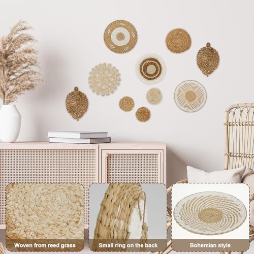 PoDhey 10 Pcs Boho Wall Basket Decor, Rattan Wicker Boho Wall Decor, Hanging Woven Basket Wall Decor, Round Handmade Wall Art for Living Room Bedroom Display Table Settings Home Christmas Decoration - Image 3