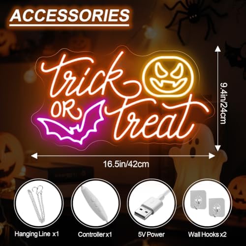 Trick or Treat Neon Sign, Pumpkin Bat Halloween Wall Light 16.5x9.4 Inch - Image 2