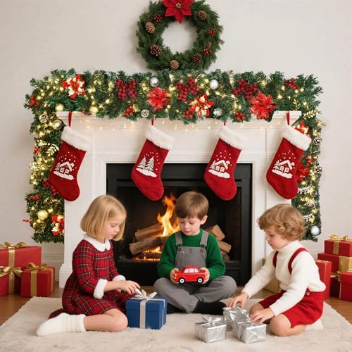 9FT Christmas Garland Decorations, Pre-Lit Christmas Garland with 60 LED Lights, Garlands for Mantle with Pine Cones, Flower, Berries, Bows, Ball, Leaves, Indoor & Outdoor Christmas Decor by Starrybaby