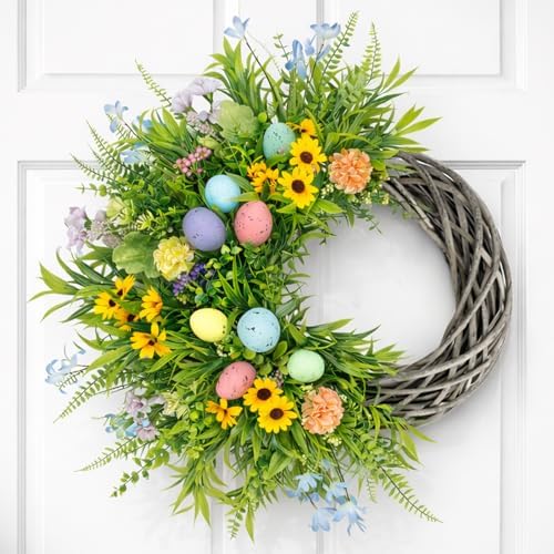 Easter Spring Wreath for Front Door, 24 Inch Handmade Floral with Pastel Eggs, Greenery and Sunflowers, Farmhouse Wall Decoration by WEYANZE