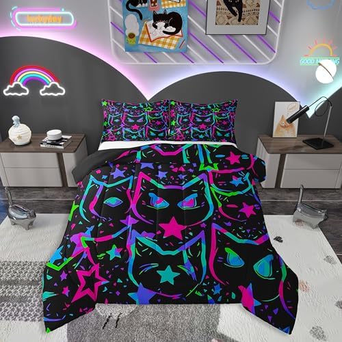 Erosebridal Cartoon Cat Bedding, Black Cat Comforter Set for Kids Girls Boys Teens, Ombre Glowing Neon Stars Down Comforter, Kawaii Kitten Duvet Insert, Gradient Galaxy Quilt, Queen by Erosebridal