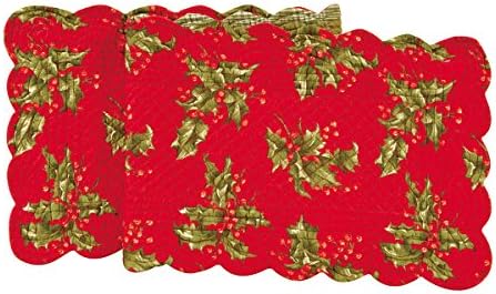 C&F Home Holly Red Holiday Christmas Floral Botanical Green Reversible Oblong Seasonal Quilted Table Runner Large Table Runner Large 14x70 Red by CFHome