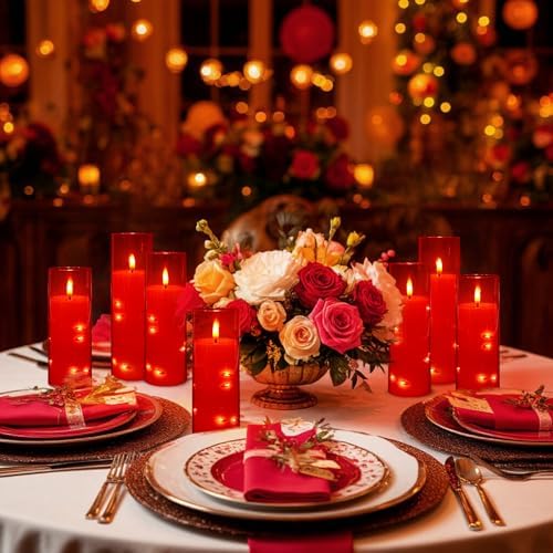 12‑Pack Red Flameless LED Candles(D 2.2" xH 5" 6" 7") with Embedded String Lights,Acrylic Pillar Candles with 2 Remote Timers, Battery‑Operated for Christmas, Halloween & New Year Decor. - Image 7