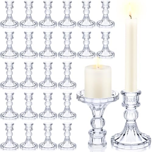 Sieral 24 Pcs Clear Taper Candle Holders 4'' Tall Candlestick Glass Holders Bulk Stripe Decorative Stand Wedding Stick Holder for Anniversary Party Dining Table Festival Decor by Sieral