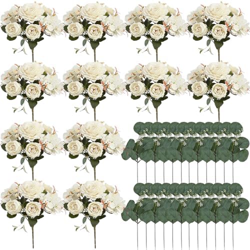 12 Bundles Ivory White Peonies Artificial Flowers for Centerpieces by Nagobi