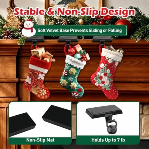 Stocking Holders for Mantle Set of 6, Heavy Duty Metal Stocking Hooks, Non-Slip Base Stocking Hangers for Xmas Holiday Decorations, Fireplace Christmas Decor Hooks for Home (Black) - Image 5