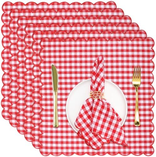 SmoothNovelty 12 Pack Buffalo Plaid Cloth Napkins 18x18 Inch Checkered Cloth Napkins Scalloped Soft Cotton Table Mat Washable Reusable for Dinner Wedding Holiday Birthday Parties (Classic,Red) by SmoothNovelty