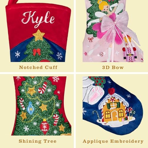 LUBOT Set of 6 Christmas Stockings Embroidered 20" Velvet Large Family Xmas Tree Stocking 6 Pack Shining Cute Cartoon Soft Luxury Stocking Fireplace Hanging Decor - Image 4