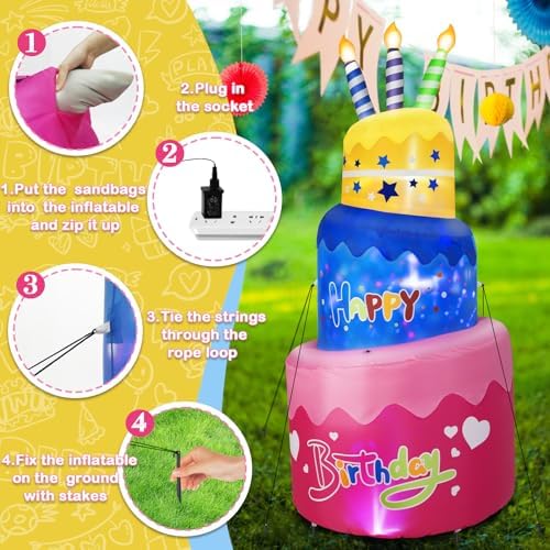 B&D 6FT Happy Birthday Inflatable Cake with Candles, Lighted Blow Up Birthday Decorations with Colorful Rotating LED Lights Inflatable Decor for Outdoor Indoor Party Home Celebration Yard Garden Lawn - Image 6