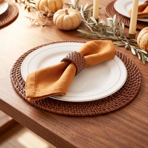 6 Pcs Rattan Charger Placemats with Napkin Rings Set, Dark Brown - Image 5