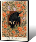 Chinese Lunar Year of the Goat Black Goat Wall Art with Orange Floral and Iris Pattern - Home Decor Posters for Room Aesthetic Family Wall Decor Prints Canvas Wall Art 16X24 in Black Framed by Unknown