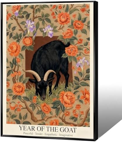 Chinese Lunar Year of the Goat Black Goat Wall Art with Orange Floral and Iris Pattern - Home Decor Posters for Room Aesthetic Family Wall Decor Prints Canvas Wall Art 16X24 in Black Framed by Unknown