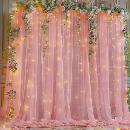 10x8ft Dusty Rose Tulle Backdrop Curtain with Lights String for Parites, Sheer Backdrop Curtains for Wedding Baby Shower Birthday Party Photo Shoot Decorations by Partisky