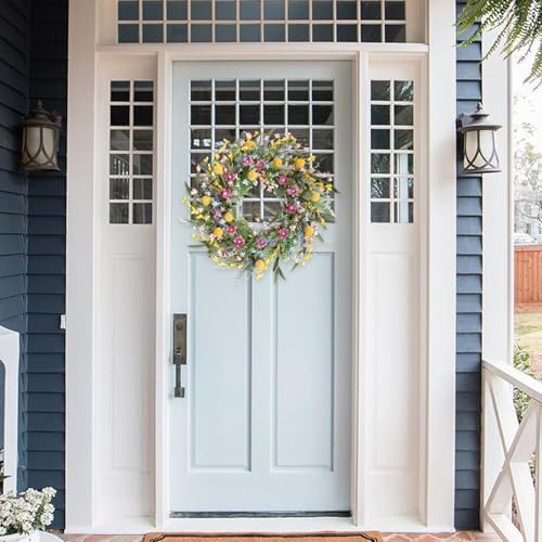 22" Spring Summer Wreath for Front Door - Colorful Wildflower Wreath with Lavender & Forsythia, Everyday Floral Wreaths for Front Door Outside, Spring Door Wreath for Indoor Home Decor - Image 5