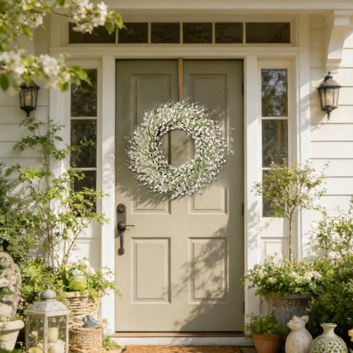 26 Inch Spring Wreaths for Front Door, Large Artificial Forsythia Flowers Wreath, Spring Summer Floral Wreath All Season for Home, Wall, Window, Porch, Wedding, Farmhouse Decor (White) - Image 2