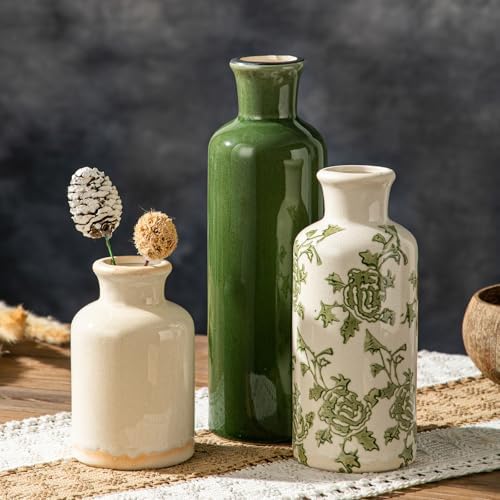 Vintage Ceramic Vase Set of 3, Chinoiserie Rustic Pottery Green Flower Vase by HappleCwlwgoHome