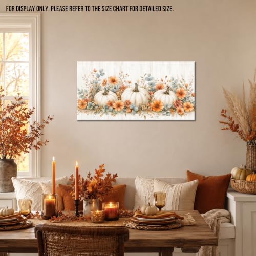 WAXWHELK Pumpkin Fall Canvas Wall Art, White Pumpkins and Orange Flowers Autumn Painting Pictures, Rustic Farmhouse Artwork for Living Room Bedroom Thanksgiving Home Decor (16"x32") - Image 2
