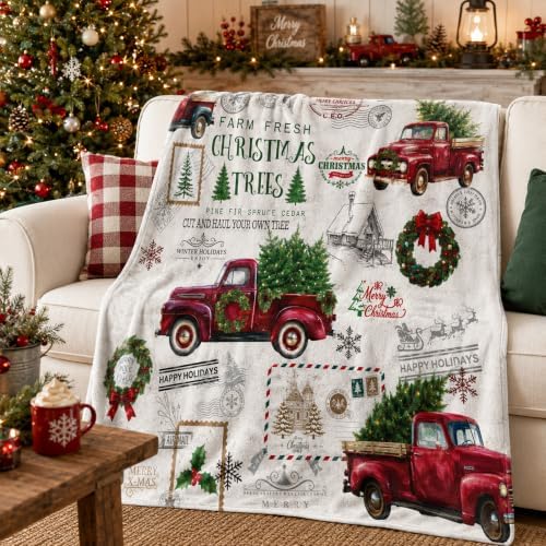 Christmas Truck Throw Blanket, Red Pickup Flannel, 80 x 60 - Image 2