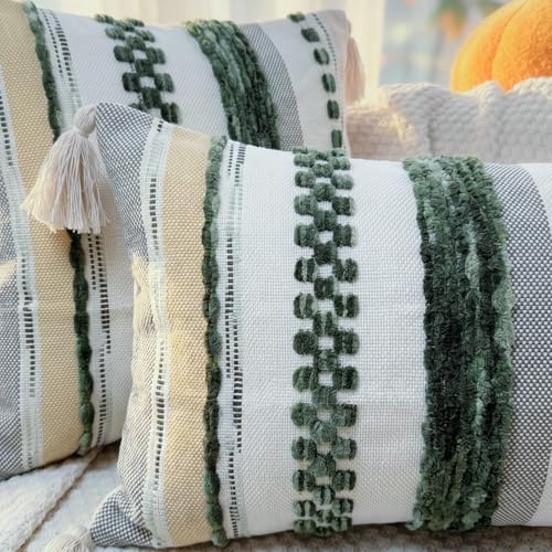 PANOD Chenille Farmhouse Throw Pillow Covers 18 x 18 Dark Green, Neutral Boucle Couch Pillow Cover, Striped Decorative Boho Coushion Cover Pillow Case for Couch Bed Sofa Bedroom,Modern Accent,Set of 2 - Image 3