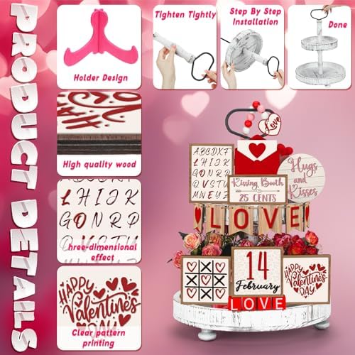 FairySandy 19 Pcs Valentine‘s Day Tiered Tray Decorations Set and 2 Tiered Tray Stand with Handle Tabletop Table Decoration for Valentine‘s Day Home Office Farmhouse - Image 4