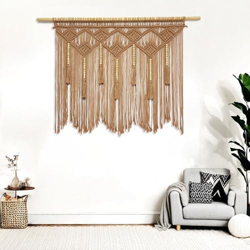 Youngeast Large Macrame Wall Hanging Boho Woven Tapestry Bohemian Macrame Wall Decor Handmade Tassel Tapestry Home Decoration for Bedroom Living Room 39"X31" (Wood Dowels Not Included) (Khaki) - Image 2