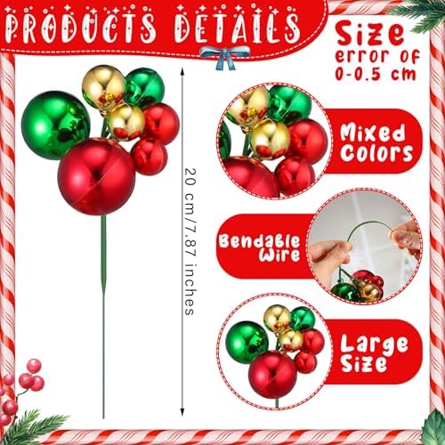 Daifunli 12 Pcs Red Green and Gold Christmas Tree Picks 7.87 Inch Christmas Balls Ornaments Xmas Decorations for Xmas Tree Topper DIY Wreath Holiday Floral Vase Fillers Crafts Home Decor - Image 2