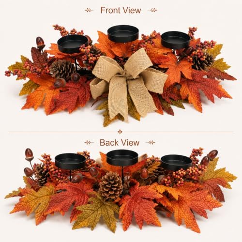 Fall Candle Holder Centerpiece with Maple Leaves, Pinecones, Berries & Burlap Bow,Thanksgiving Table Centerpiece Decoration for Dining Table, Mantel & Autumn Harvest Home Décor - Image 6