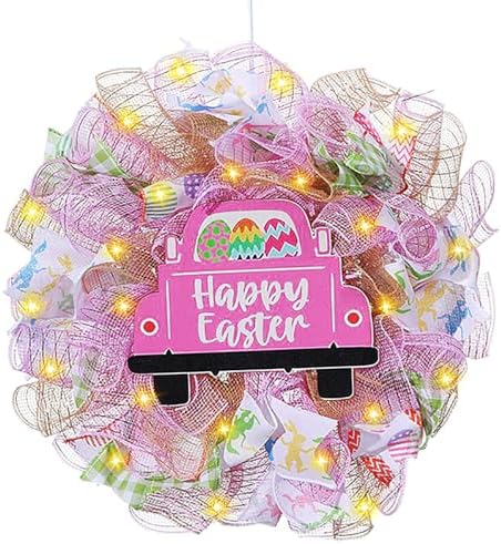 Easter Wreaths for Front Door with Lights,Easter Door Wreath,Easter Mesh Wreath,Bunny Spring Colorful Easter Decorations Holiday Ornament for Home Indoor Outdoor Supplies (Pink Car) by YOUDRN