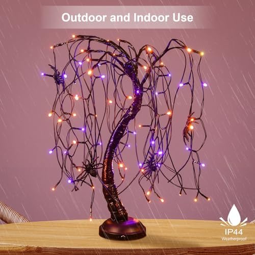 24Inch Halloween Lighted Willow Tree Bonsai Light 80 Orange and Purple LED Lights Table Top Lamp Artificial Tree Desk Decor with 4 Spiders Adapter Plug in/Battery Powered for Christmas Decoration - Image 2