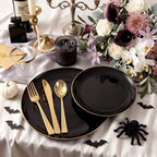 NOCCUR 350PCS Black and Gold Plastic Plates - Black Disposable Dinnerware Set for 50 Guests, 100 Dinner/Dessert Plates, 150 Gold Silverware, 50 Cups&50 Napkins for Party/Birthday/Halloween - Image 3