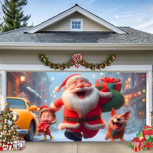 Christmas Garage Door Banner – Santa Claus, Little Girl & Cute Dog Carrying, Large Outdoor Holiday Mural for Garage, Yard & Porch Decor,16 x 7ft/4.8 x 2.1m by TTCHANG