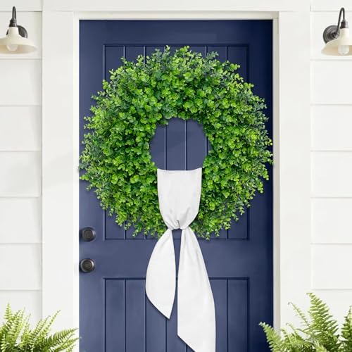 28'' Large Boxwood Wreaths Front Door Artificial Green Spring Wreath with Sash Wreaths for Front Door Farmhouse Greenery Year Round Outdoor Indoor for Summer Wreath St Patricks Day Decoration - Image 4