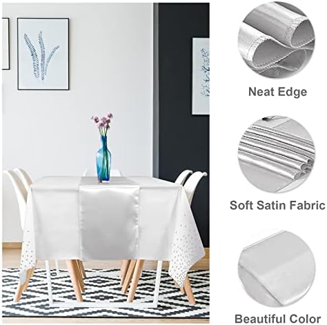 MASHAN 16Pack Disposable Plastic Tablecloths and Satin Table Runner Set White and Silver Dot Tablecloth Silver Satin Table Runner for Wedding Birthday Baby Shower Christmas New Year Party Decorations - Image 3