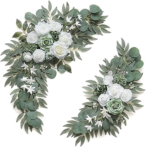 Olalaka 2-Pack Sage Green & White Wedding Flower Swag Set, Large: 35.43"L x 14.56"W, Small: 24.80"L x 12.99"W, Artificial Flowers for Wedding Arch, Ceremony, Table Centerpieces, Wall Hanging by Love%C2%A0Every%C2%A0Bit%C2%A0of%C2%A0Life